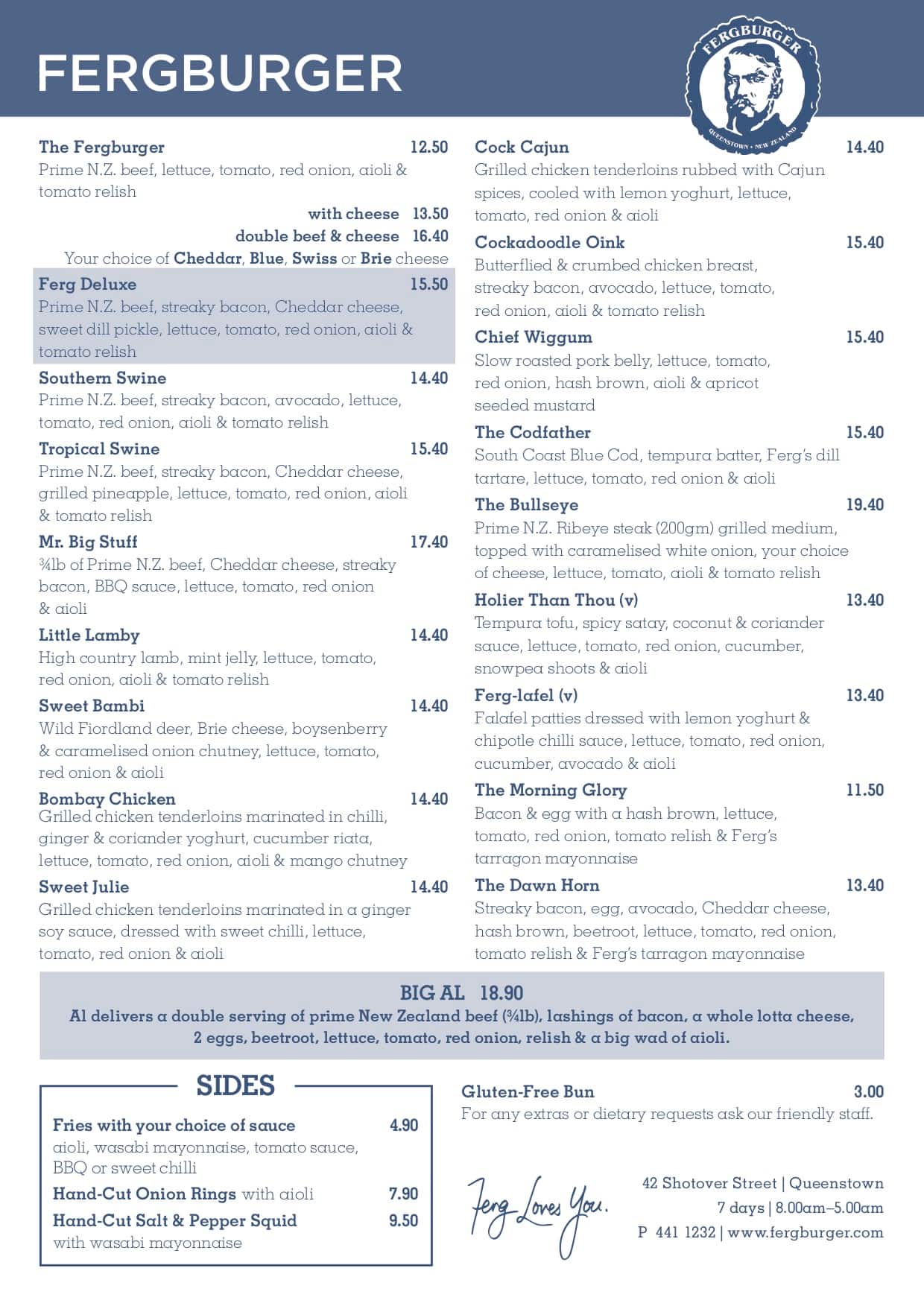 Menu at Fergburger restaurant, Queenstown