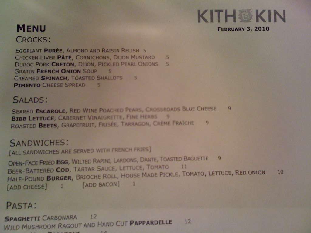 Kith and Kin Menu, Menu for Kith and Kin, Lincoln Park, Chicago