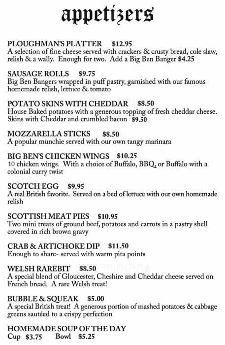 Menu at Big Ben Pub, Charlotte, South Blvd