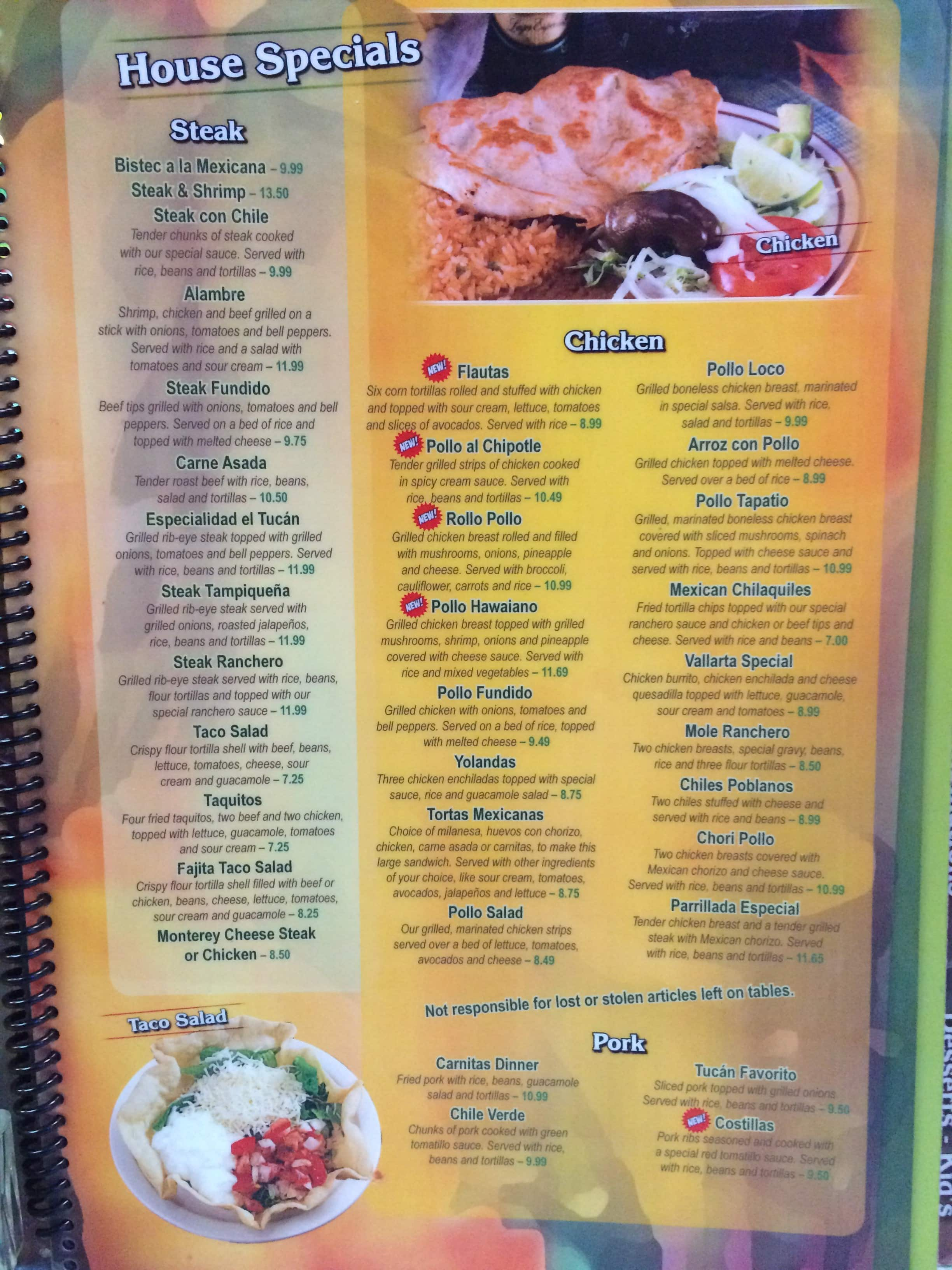 Menu at El Tucan Mexican Restaurant, Spring Lake