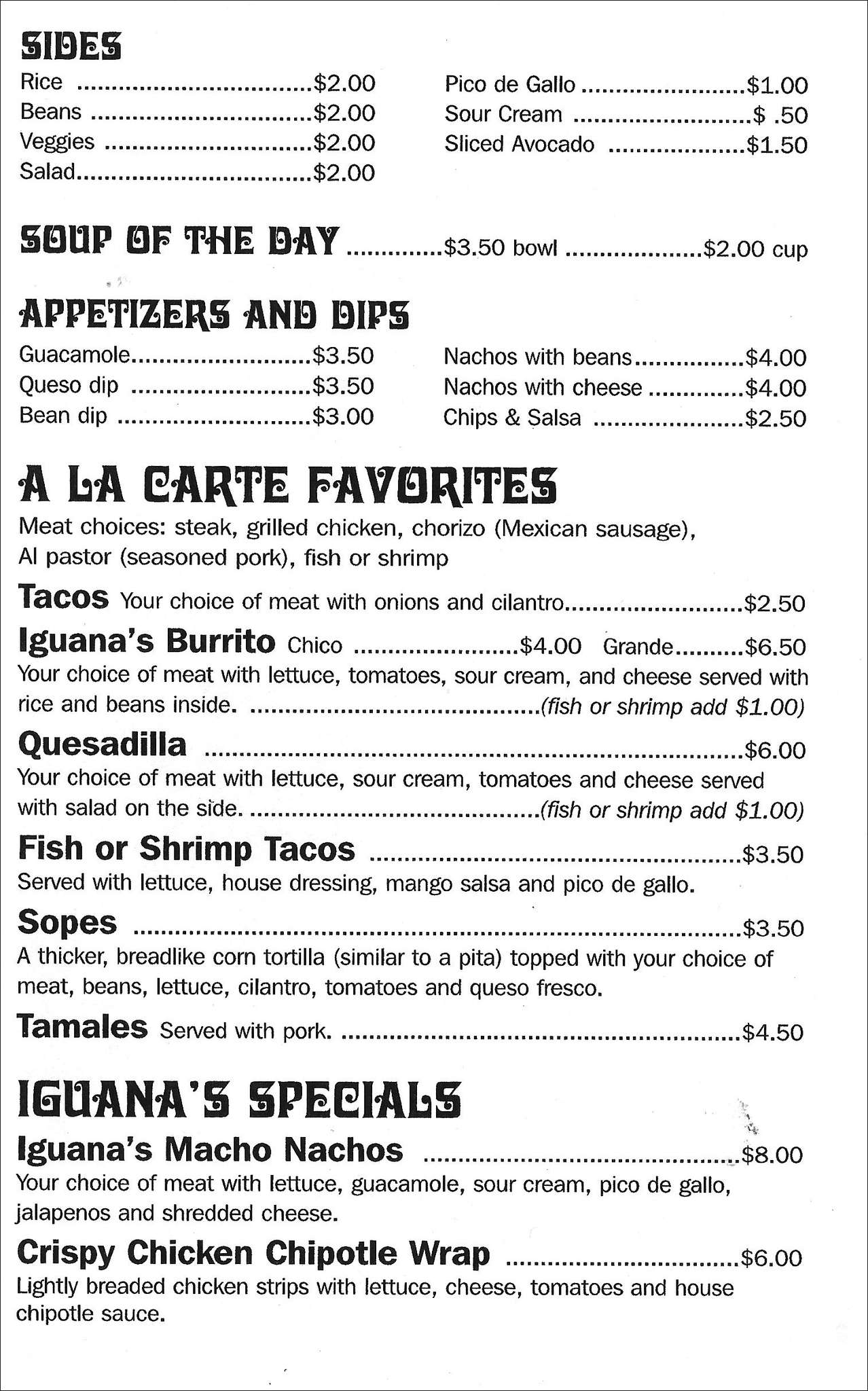 Menu at Iguana's Mexican Street Café restaurant, La Crosse