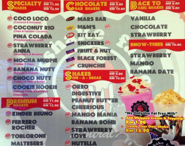 Sugar Factory Menu Milkshakes