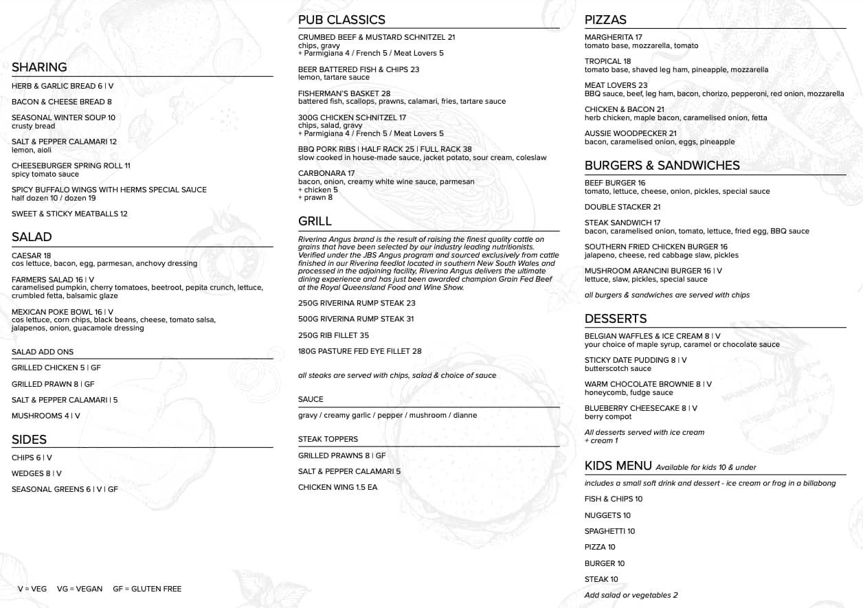 Woodpecker Tavern Menu, Menu podniku Woodpecker Tavern, Burpengary