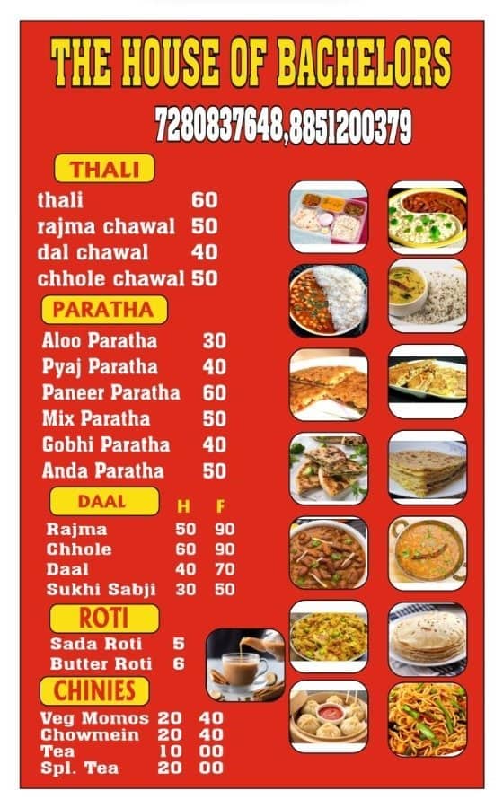 Menu of The House Of Bachelors, Sector 44, Noida