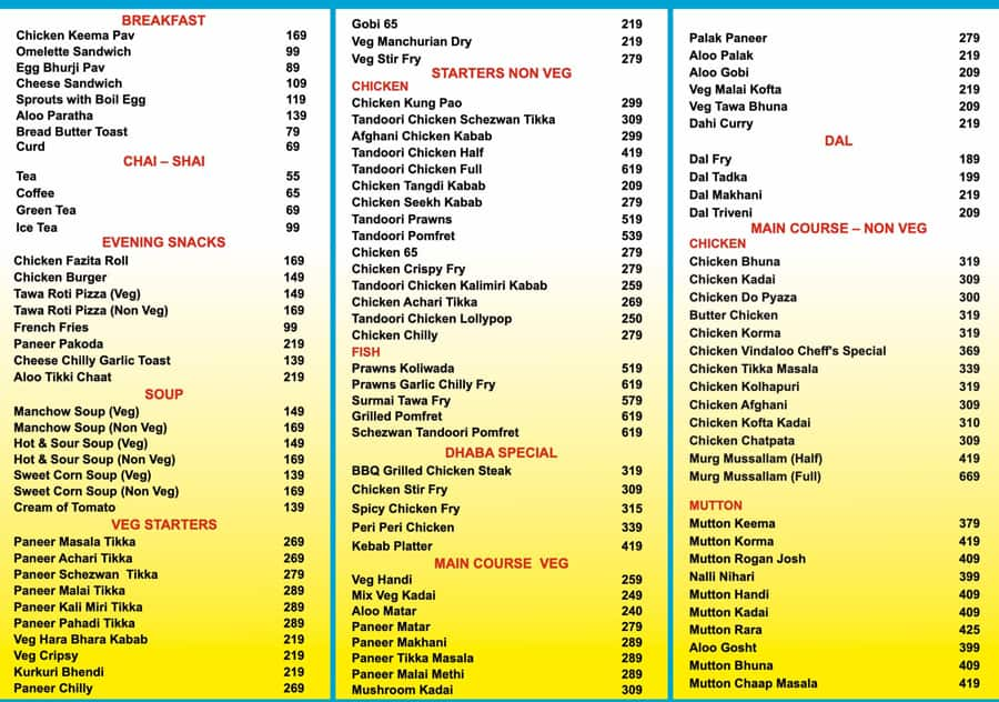 Menu of Andheri Dhaba, Chakala, Mumbai