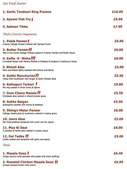 Menu at Indian Relish restaurant, Hounslow