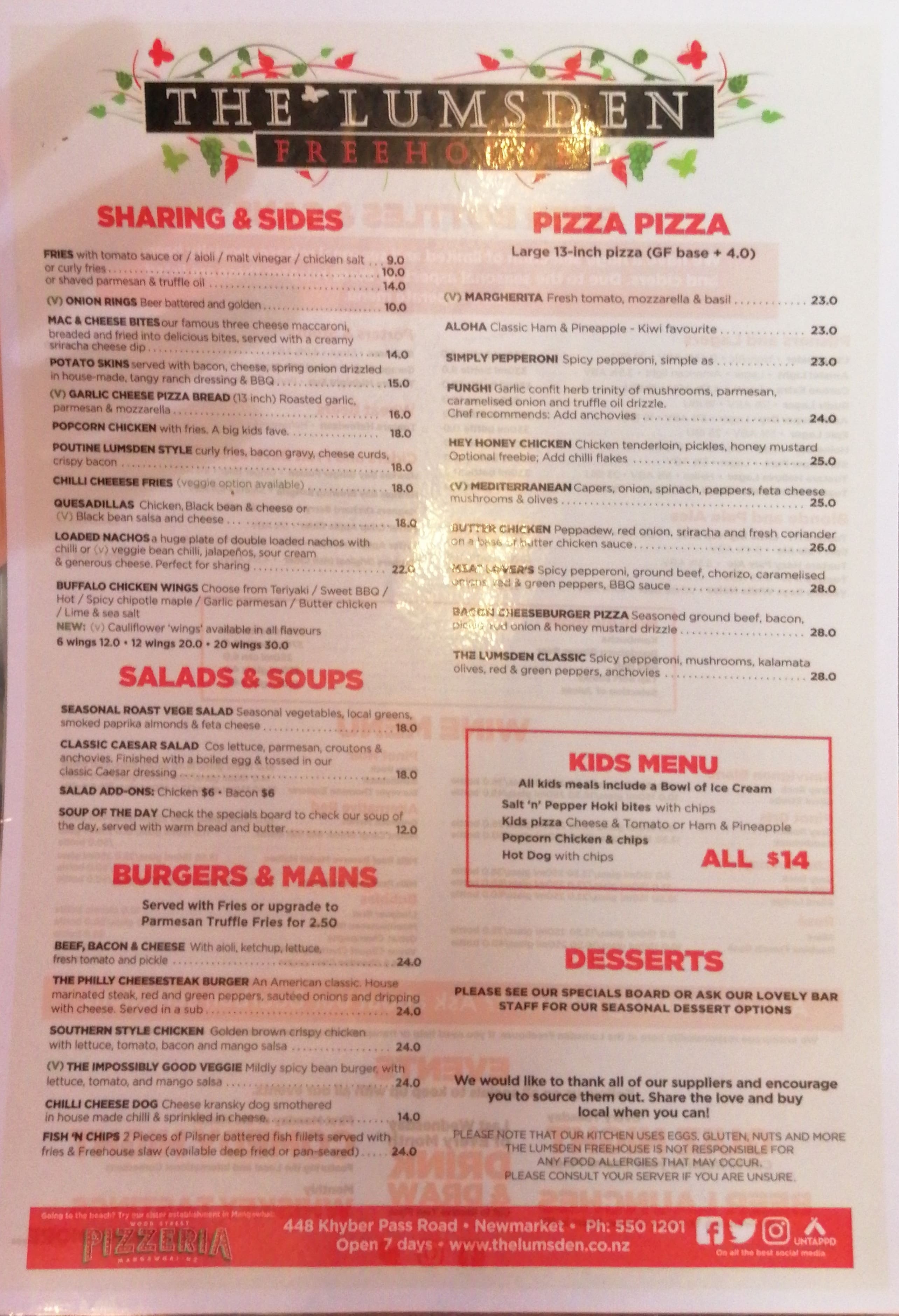 Menu at The Lumsden Free House pub & bar, Auckland