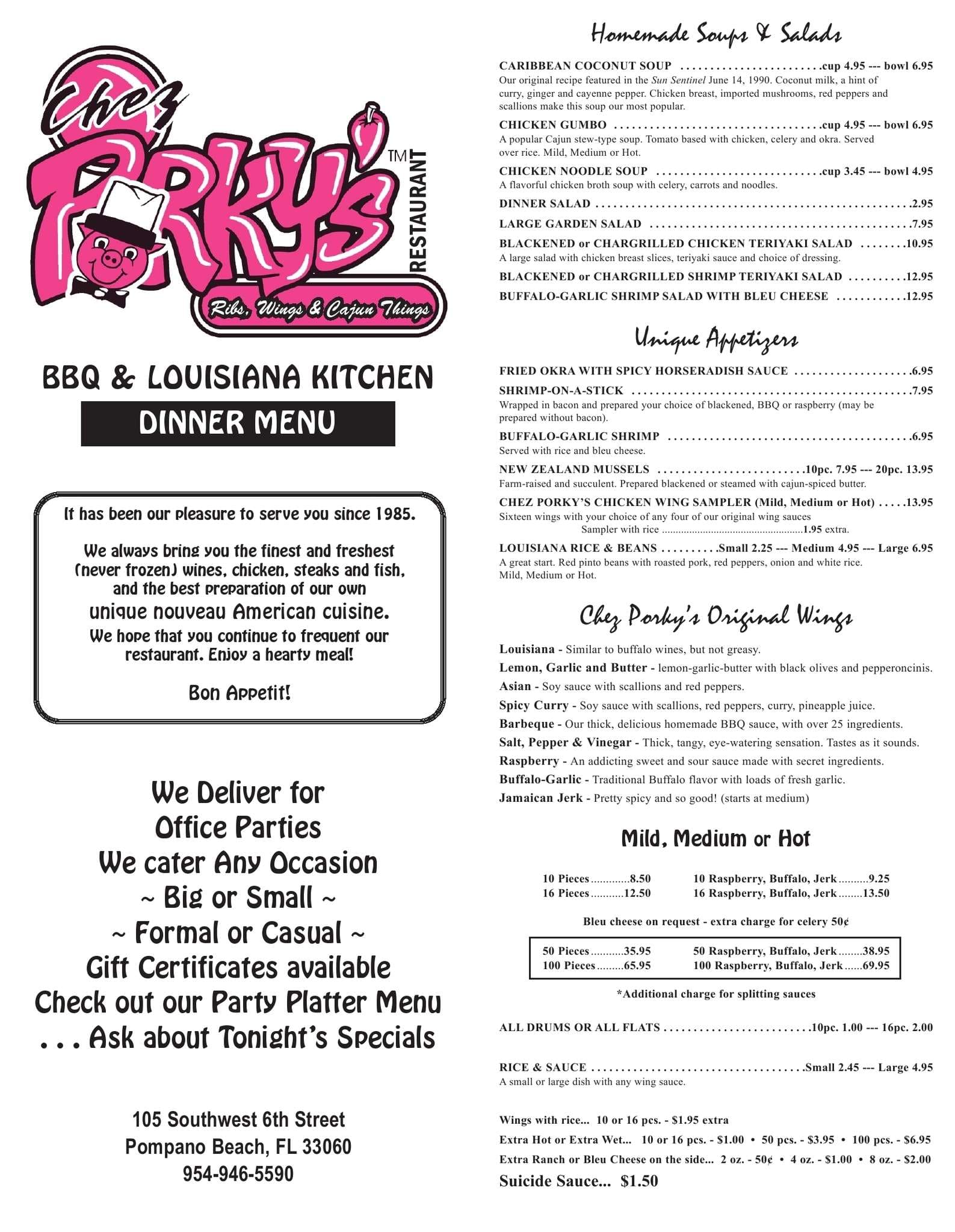 Chez Porky's Menu, Menu for Chez Porky's, Pompano Beach, Miami