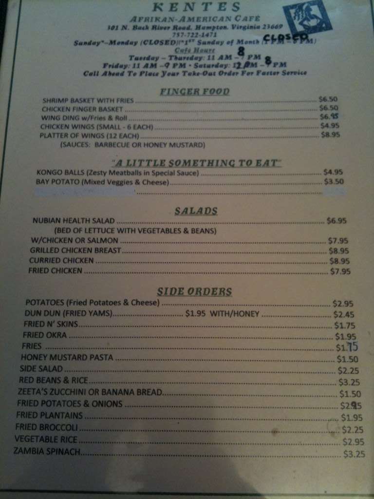 Menu at Kente's cafe, Hampton