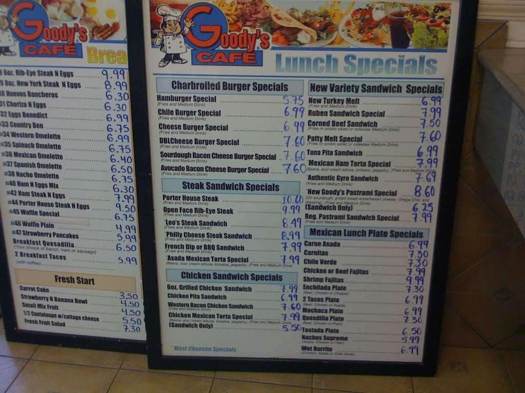 Menu at Goody's Cafe, Palm Desert, Washington St