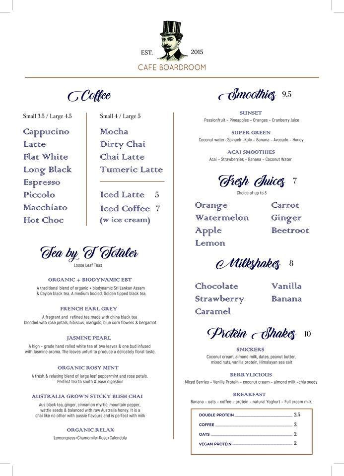 Menu at Cafe Boardroom, Macquarie Park