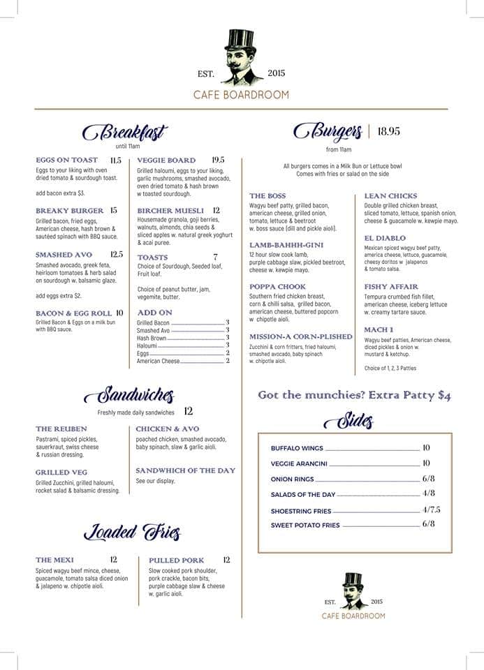Menu at Cafe Boardroom, Macquarie Park