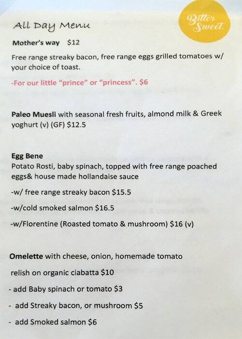 Bitter Sweet Menu, Menu for Bitter Sweet, Birkenhead, Auckland
