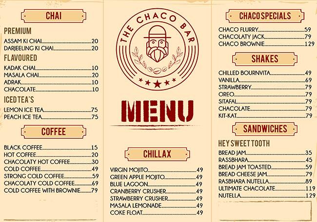 Menu of The Chaco Bar Kothari Market Indore