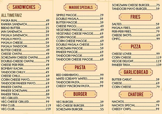 Menu of The Chaco Bar Kothari Market Indore