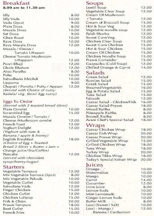 Avani Menu, Menu for Avani, Dubai Media City, Dubai Zomato