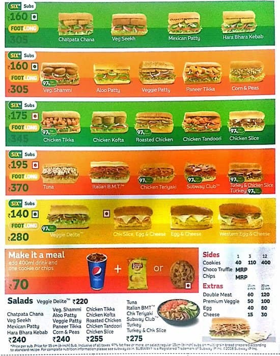 Subway Menu, Menu for Subway, Prince Anwar Shah Road, Kolkata Zomato