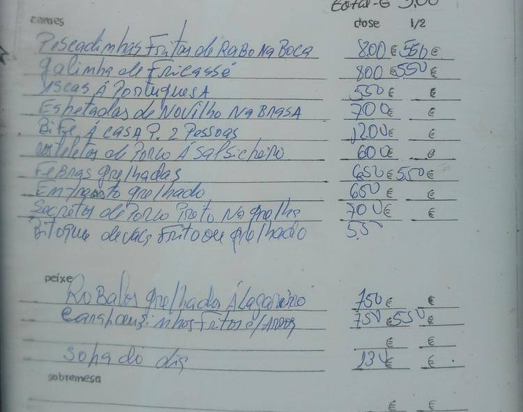 Menu at Café Adão, Almargem do Bispo
