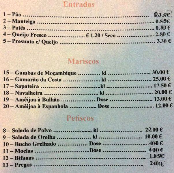 Menu at Café Adão, Almargem do Bispo