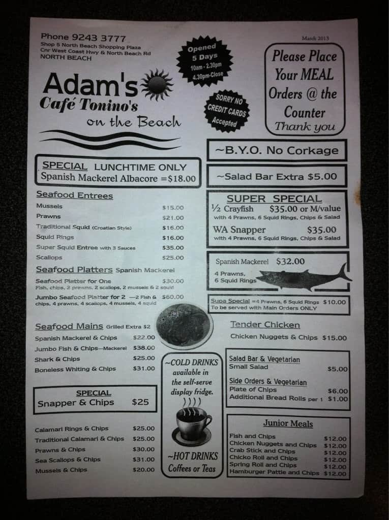 Menu at Adam's Cafe Tonino's, North Beach, Cnr North Beach Rd and West ...