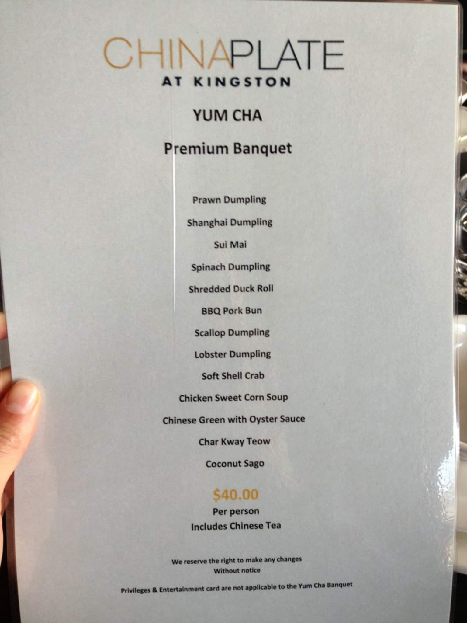Menu at China Plate restaurant, Kingston