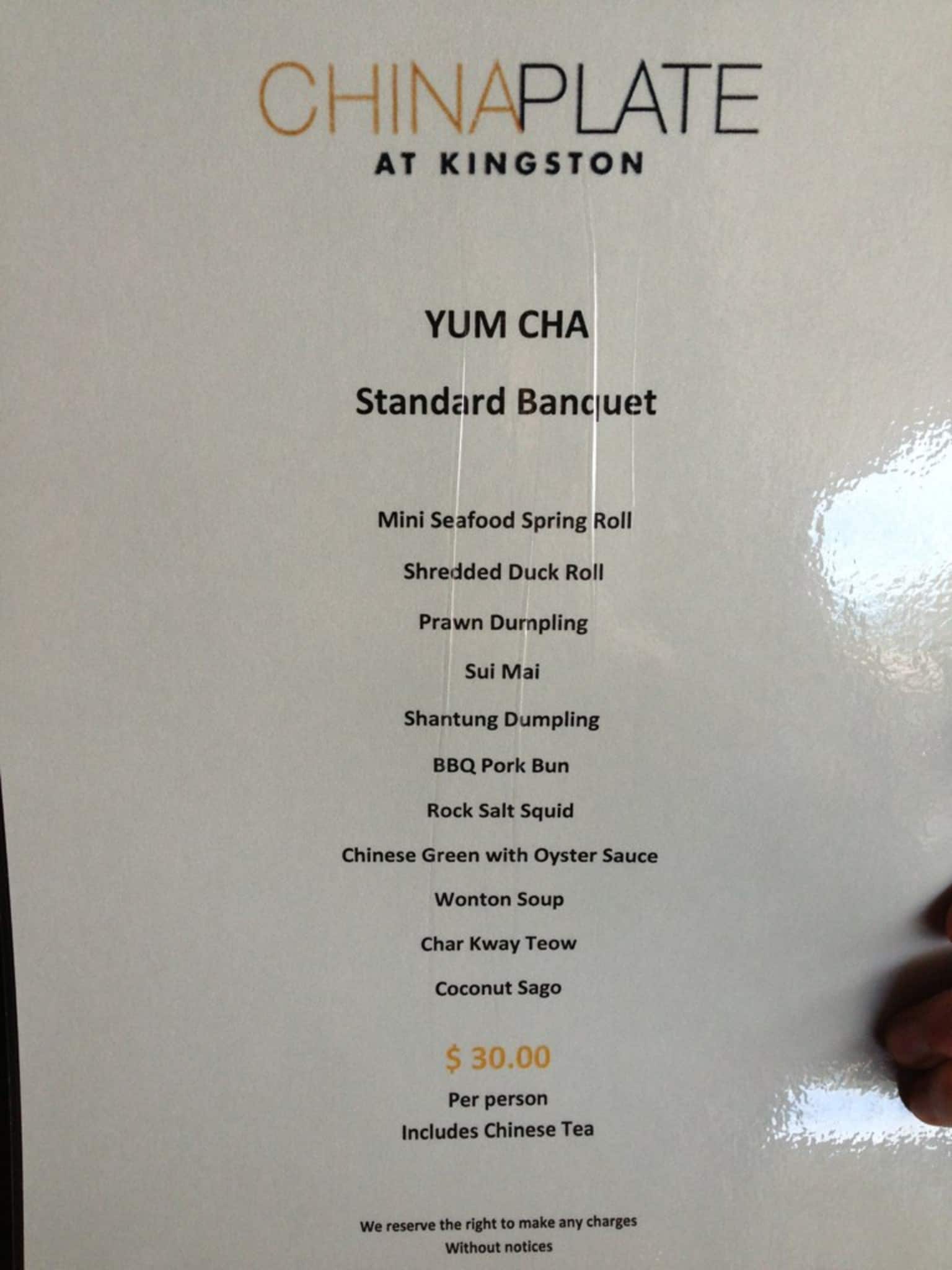 Menu at China Plate restaurant, Kingston