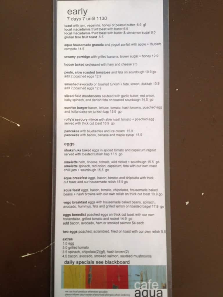 Cafe Aqua Menu, Menu for Cafe Aqua, Coffs Harbour, Coffs Harbour