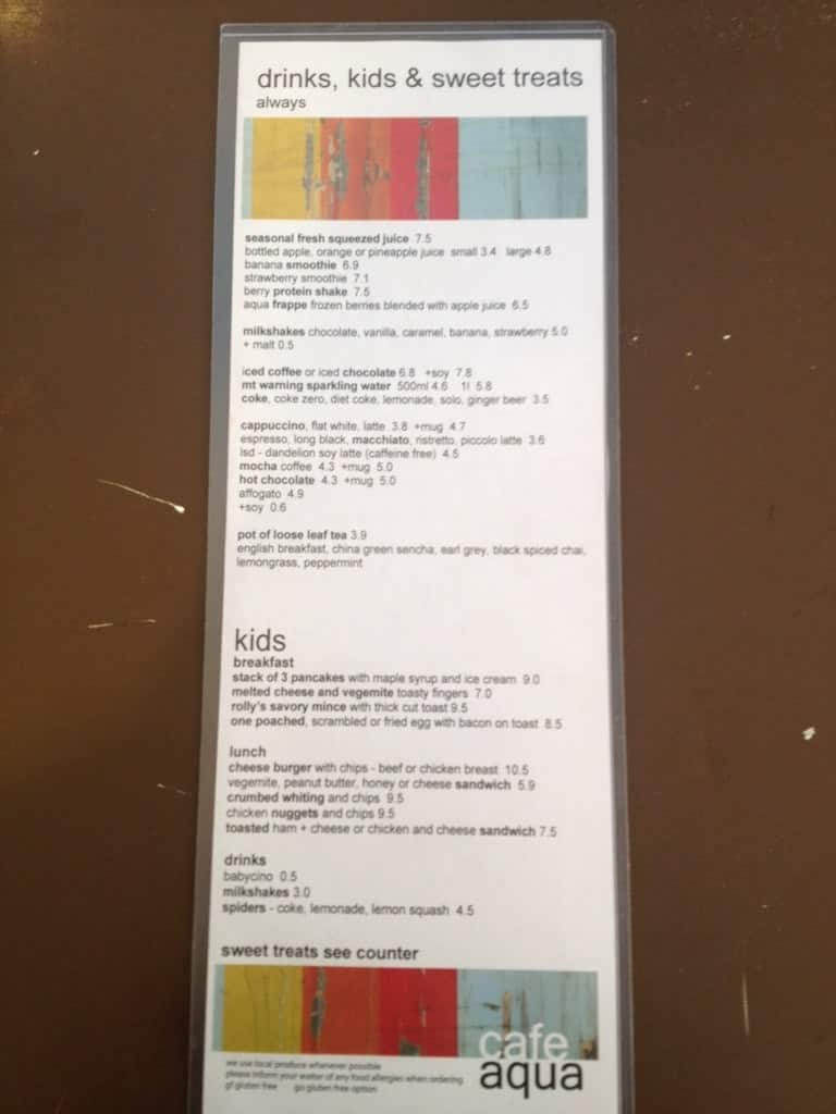 Menu at Cafe Aqua, Coffs Harbour