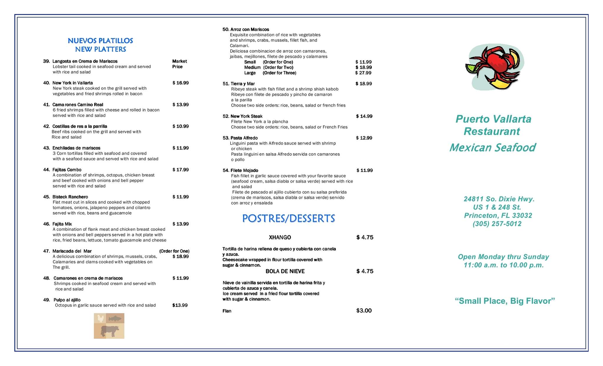 Menu at El Puerto de Vallarta Mexican Seafood restaurant, Homestead