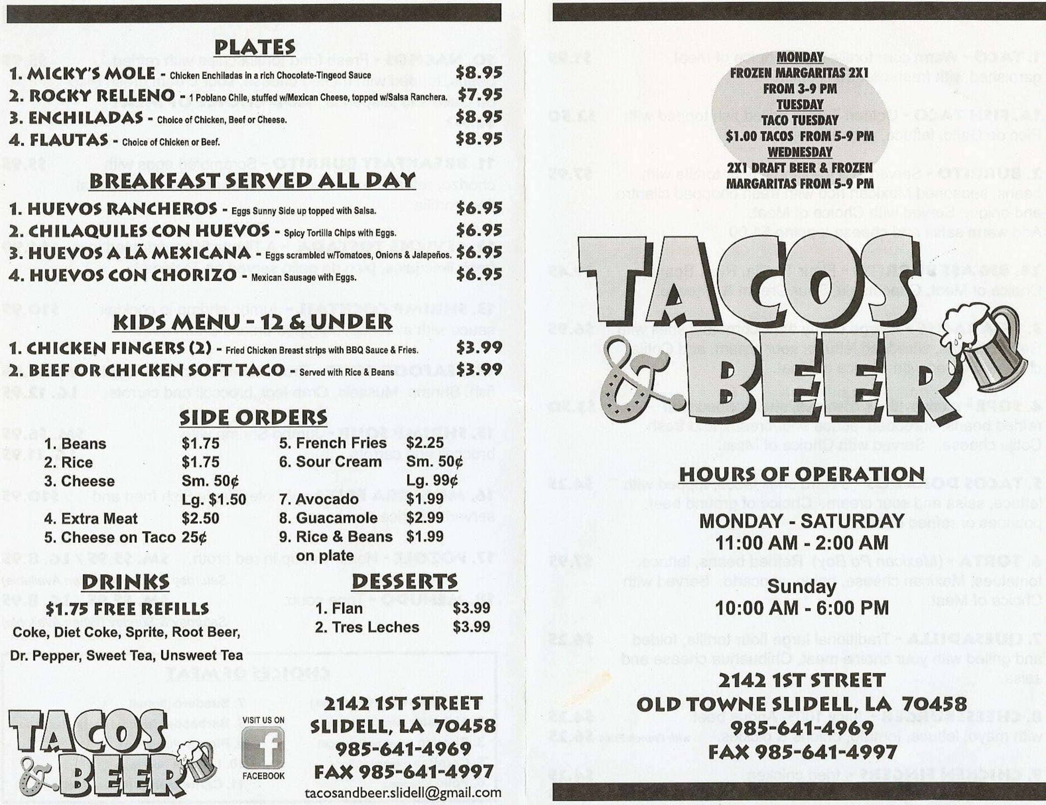Tacos and beer menu