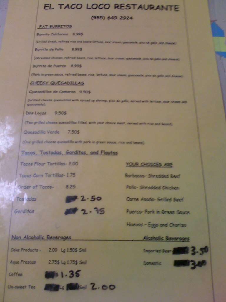 Menu at Tacos & Beer restaurant, Slidell, 1st St
