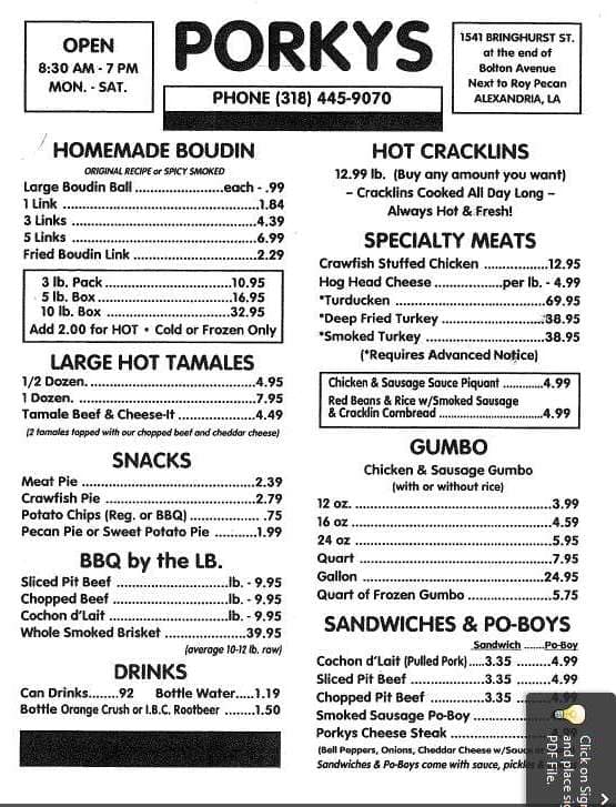 Menu at Porkys restaurant, Alexandria