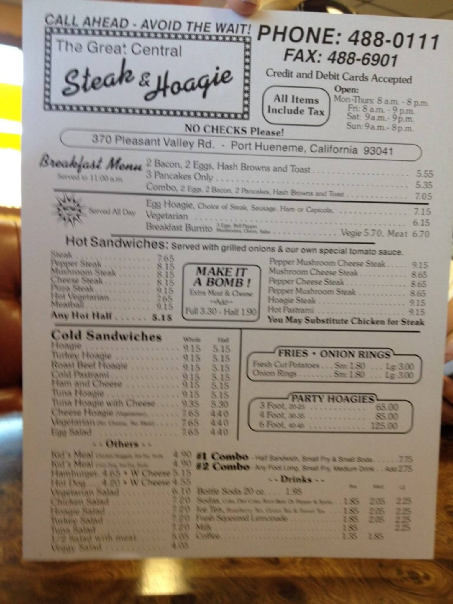 Menu at The Great Central Steak & Hoagie Company steakhouse, Port Hueneme