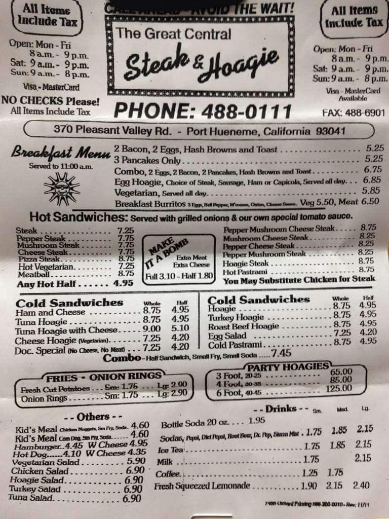 Menu at The Great Central Steak & Hoagie Company steakhouse, Port Hueneme