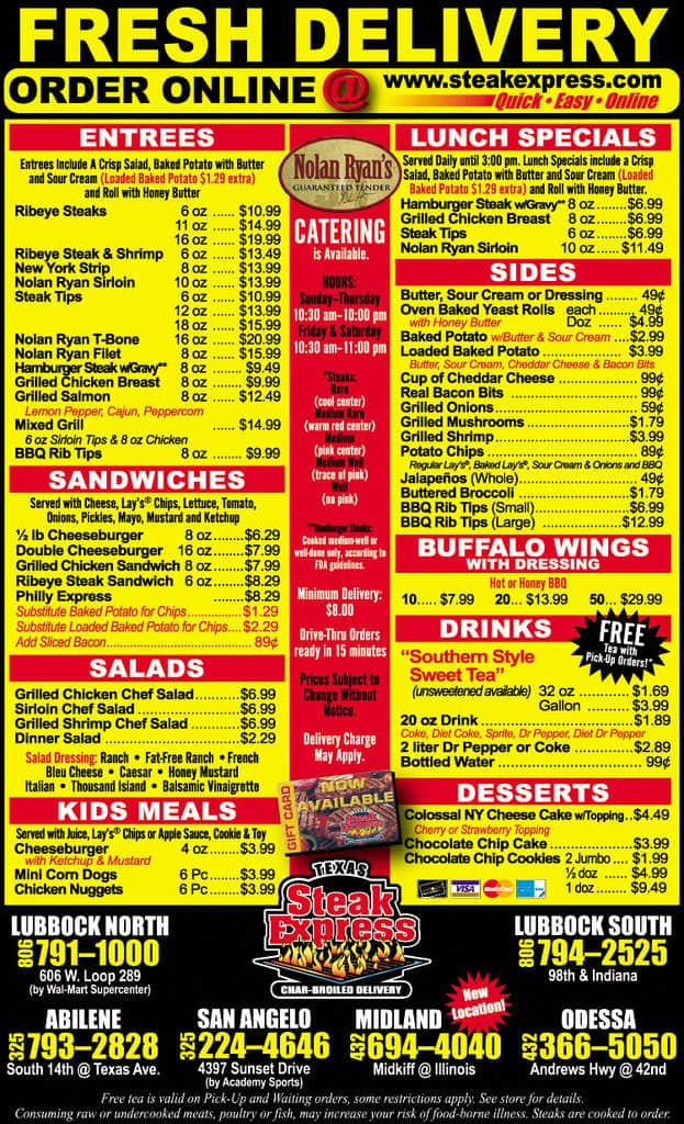 Steak Express Menu, Menu for Steak Express, San Angelo, San Angelo