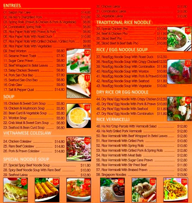 Menu at Saigon Noodle House restaurant, Ballarat Central