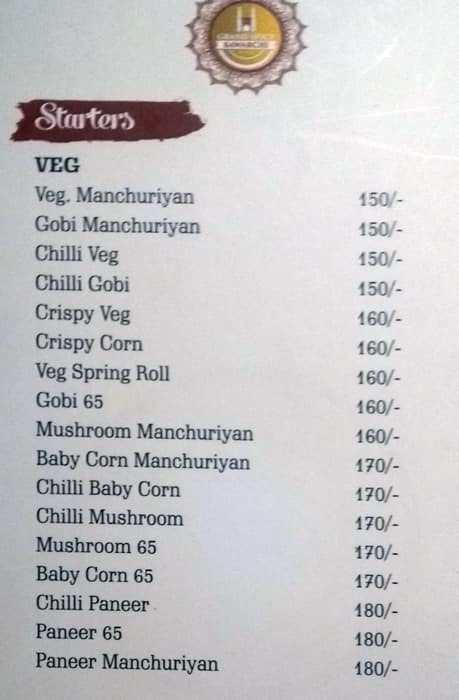 Menu Of Grand Spicy Bawarchi Madhapur Hyderabad