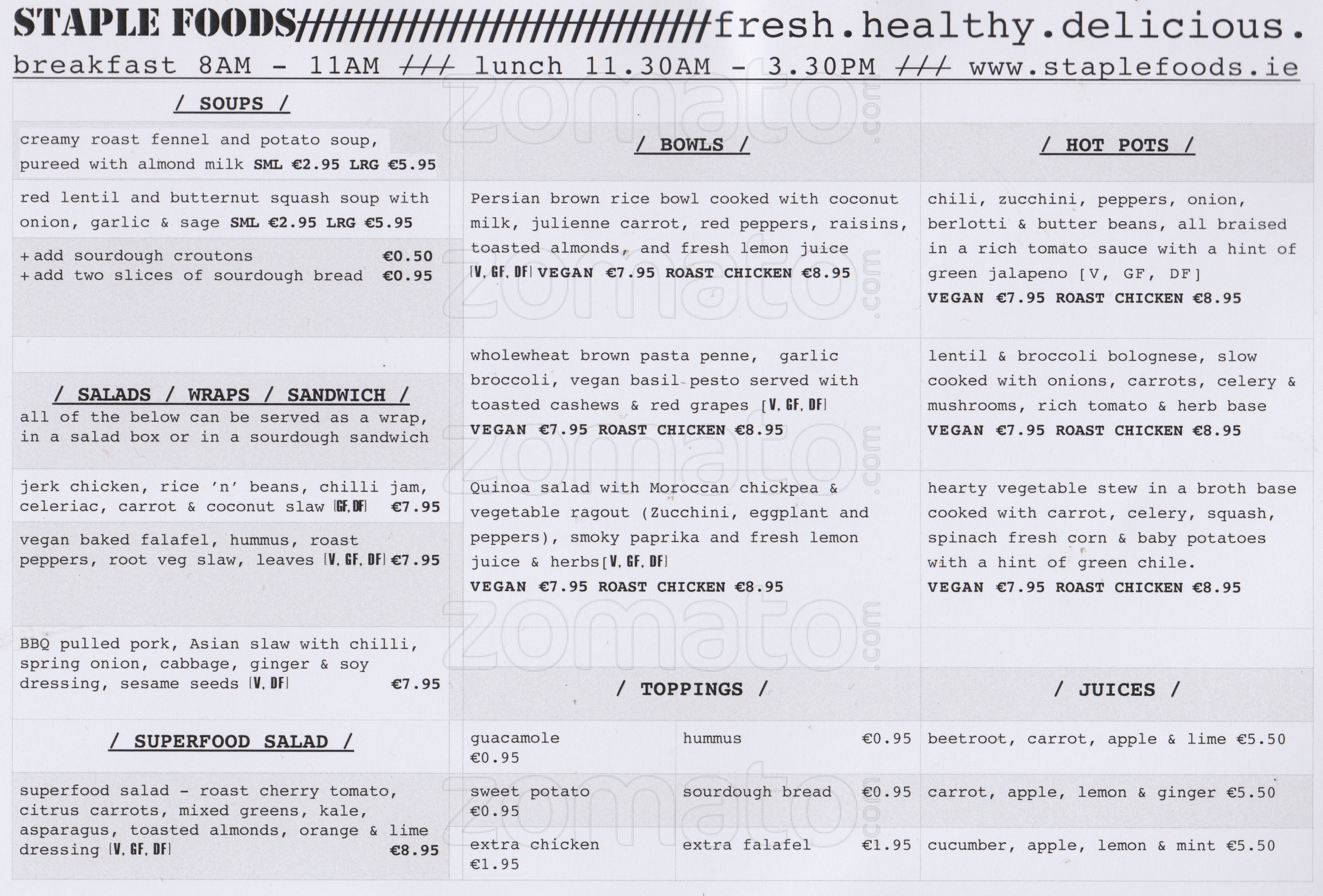 Menu at Staple Foods pub & bar, Dublin, 24A Grattan St