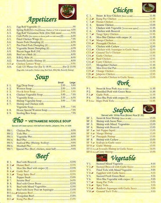 Café 121 Chinese Restaurant Menu Urbanspoon/Zomato