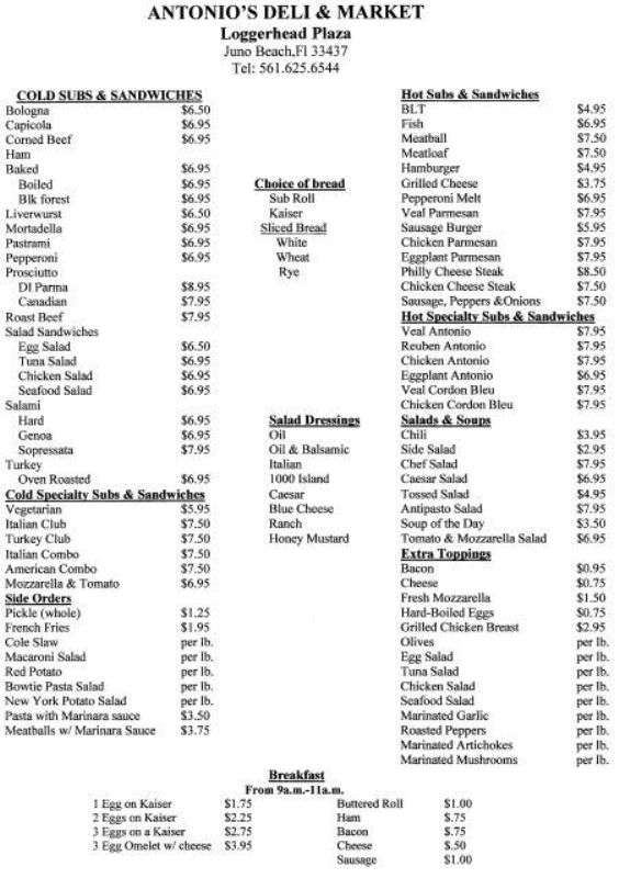 Menu at Antonio's Deli & Meats, Juno Beach