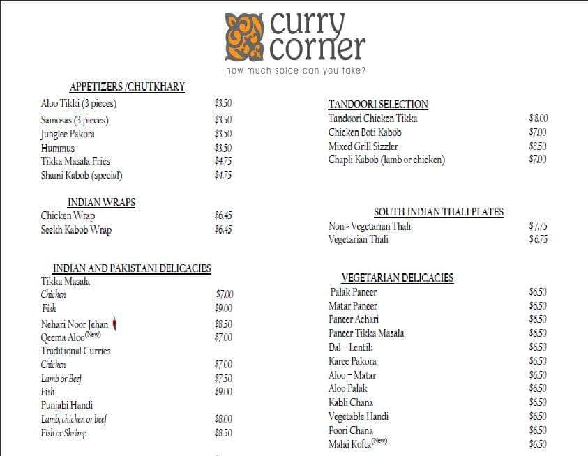 Curry Corner Menu, Menu for Curry Corner, Tempe, Tempe Urbanspoon/Zomato