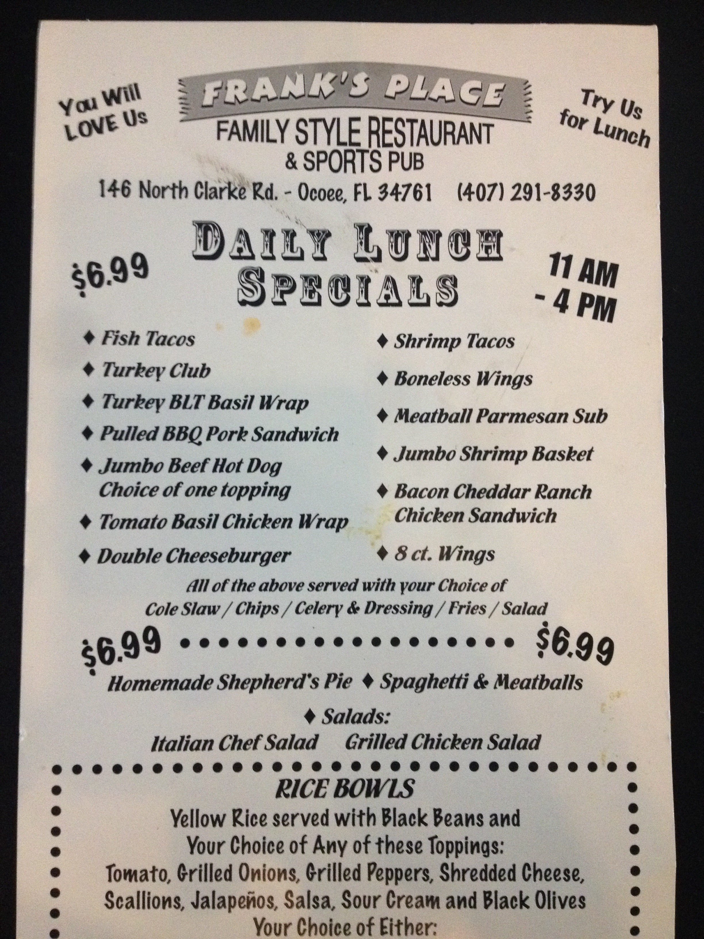 Frank's Place Menu, Menu for Frank's Place, Winter Garden/Ocoee