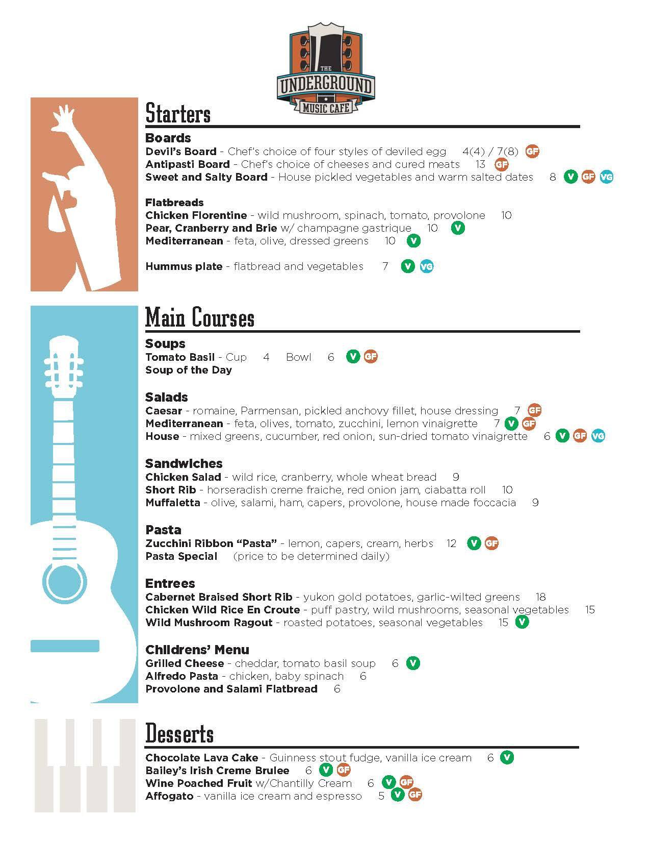 Menu at Underground Music Cafe, Falcon Heights