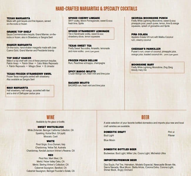 Menu at Cheddar's Scratch Kitchen restaurant, Evansville, N Green River Rd