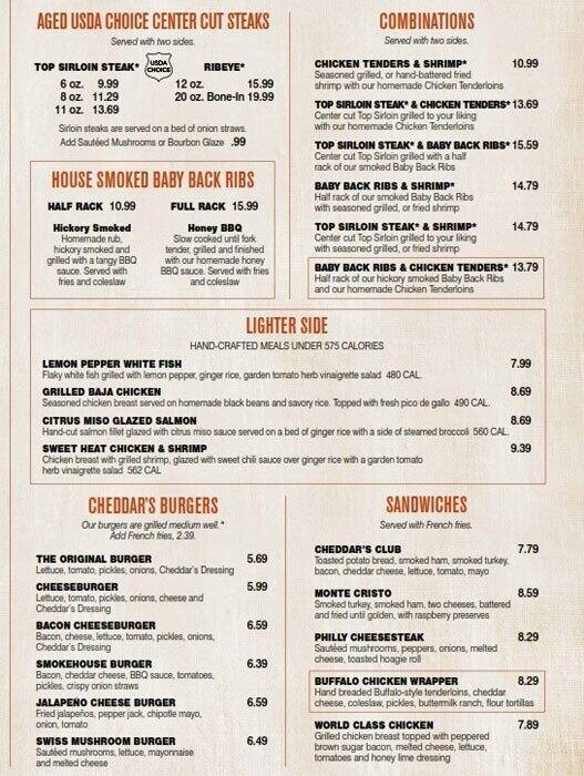 Menu at Cheddar's Scratch Kitchen restaurant, Evansville, N Green River Rd