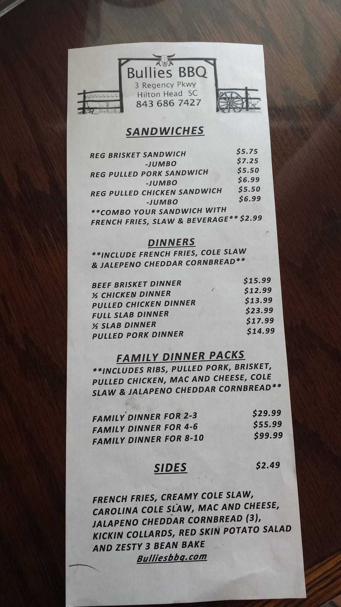 Menu at Bullies BBQ, Hilton Head Island