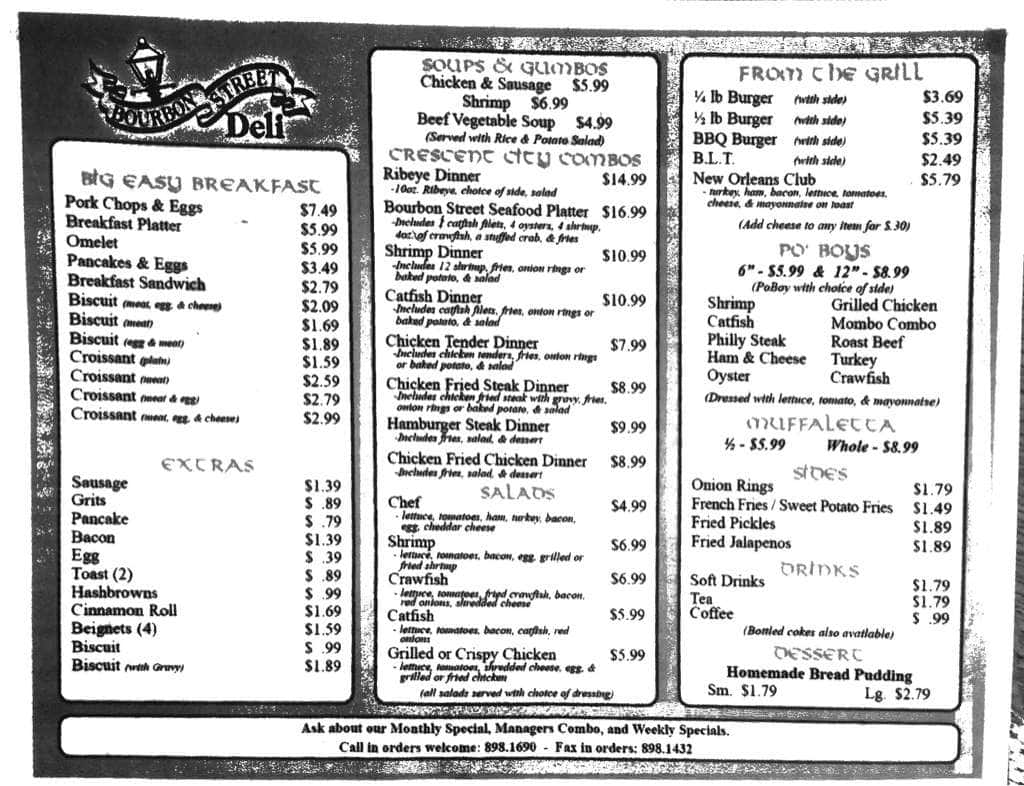 Bourbon Street Deli Menu, Menu for Bourbon Street Deli