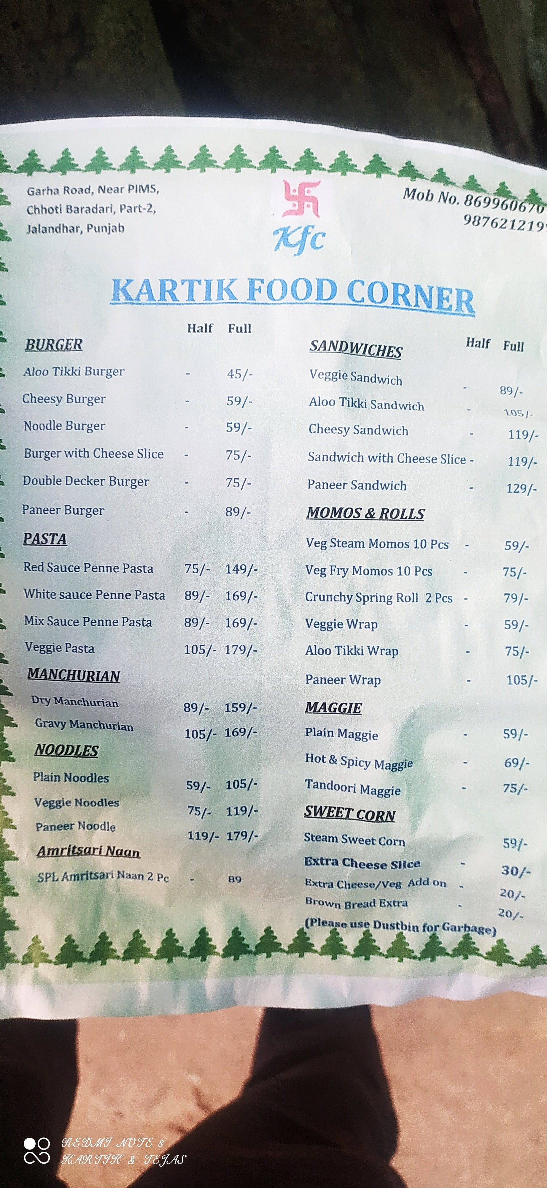Menu of Kartik Food Corner, Urban Estate, Jalandhar