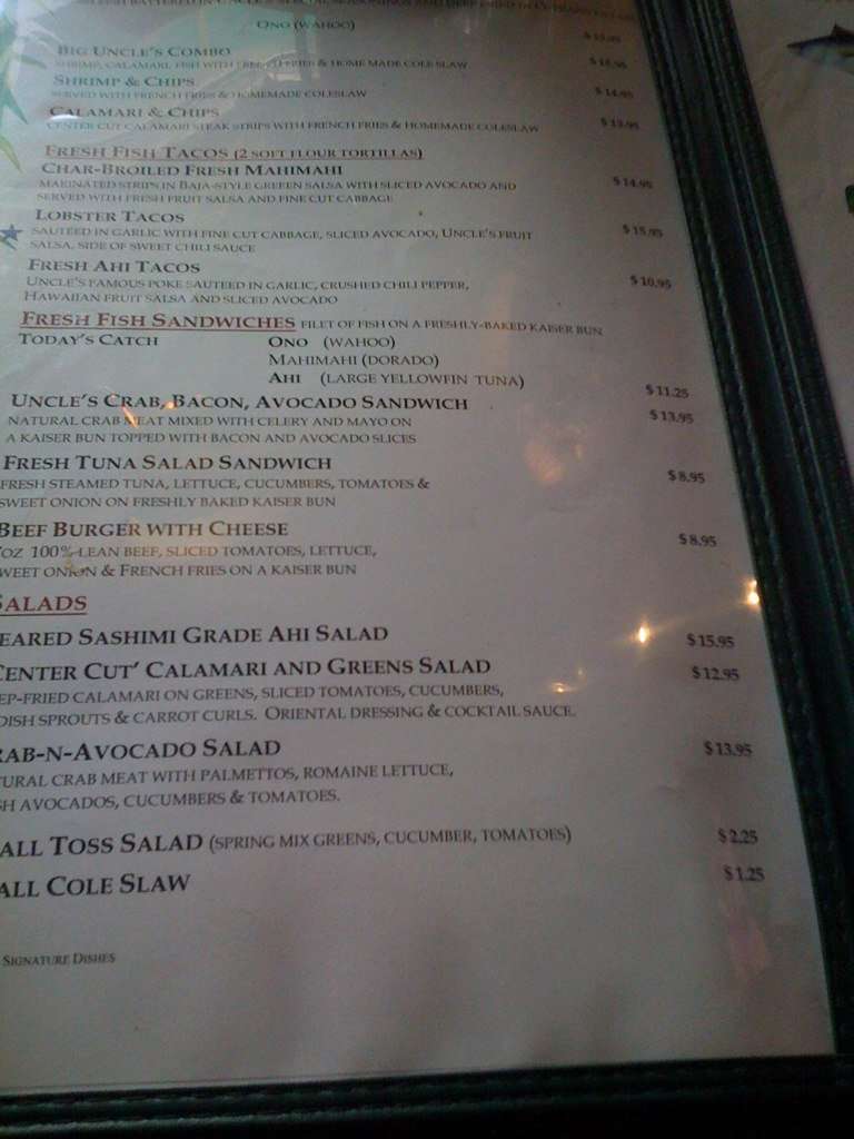 Menu at Uncle's Fish Market & Grill restaurant, Honolulu