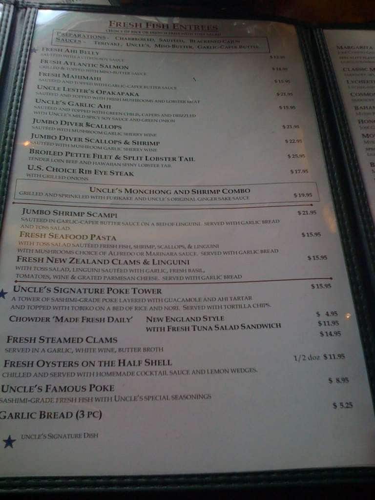 Menu at Uncle's Fish Market & Grill restaurant, Honolulu